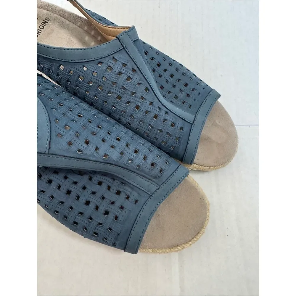 Earth Origins Blue Faux Leather Espadrille Wedges Womens 11 Beachy Sandal Vaca